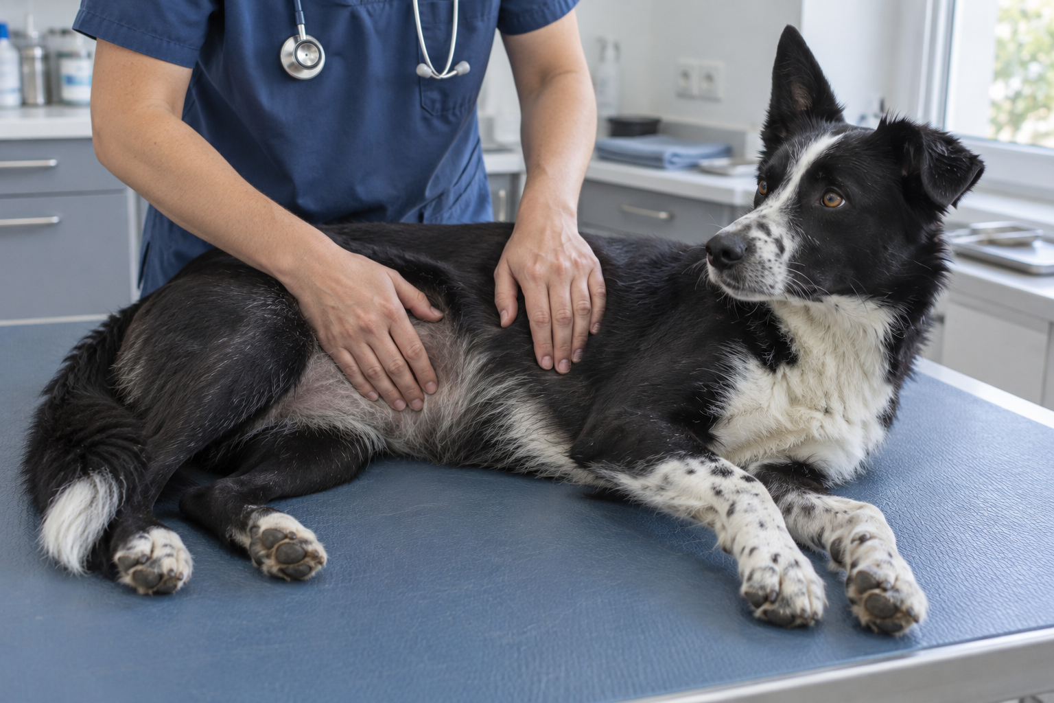 Veterinář vyšetřuje malého psa s opakovaně změněnou stolicí